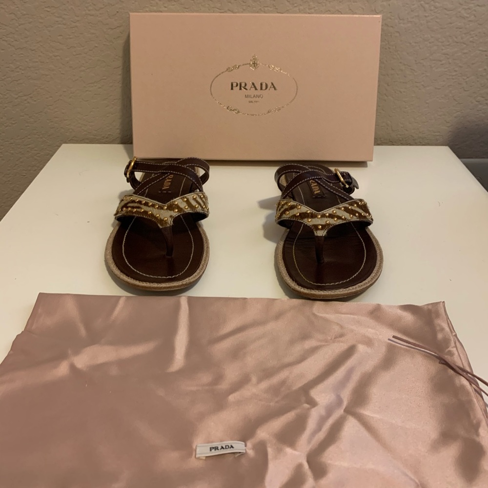 Prada Brown and Haircalf studded sandals